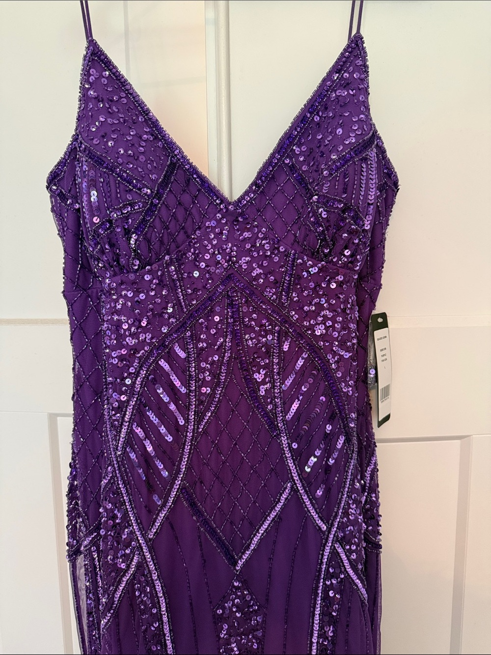 bebe Purple Beaded Spaghetti Strap Prom Gown - Picture 2 of 11